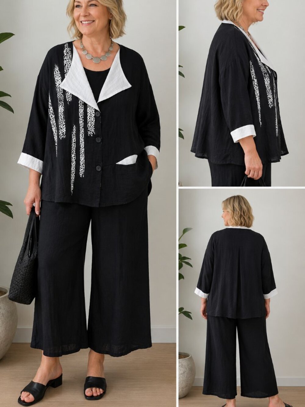 One O One Paris Art to Wear Lagenlook Oversized Button Front Jacket Black White